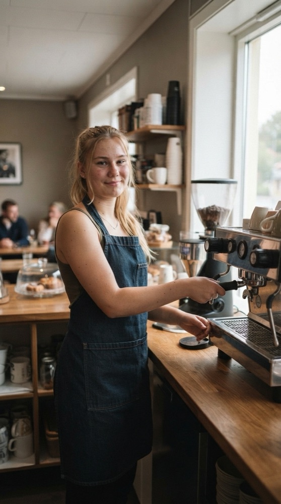 En ung barista lager kaffe på Vaaland & Salte Kafé